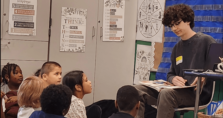 Braeden Mannering reading Just One Pebble at Keene Elementary School.