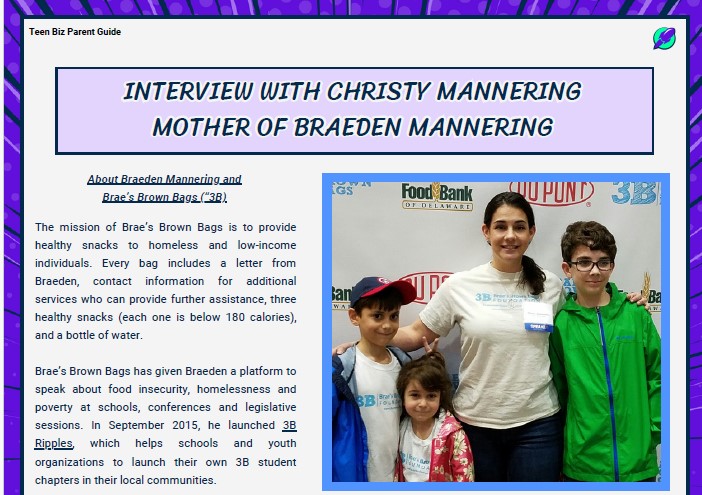 A page featuring Christy and Braeden Mannering in the Teen Biz Parent Guide book