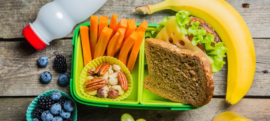 school lunch balanced meal with sandwich, milk, fruit, nuts and carrots